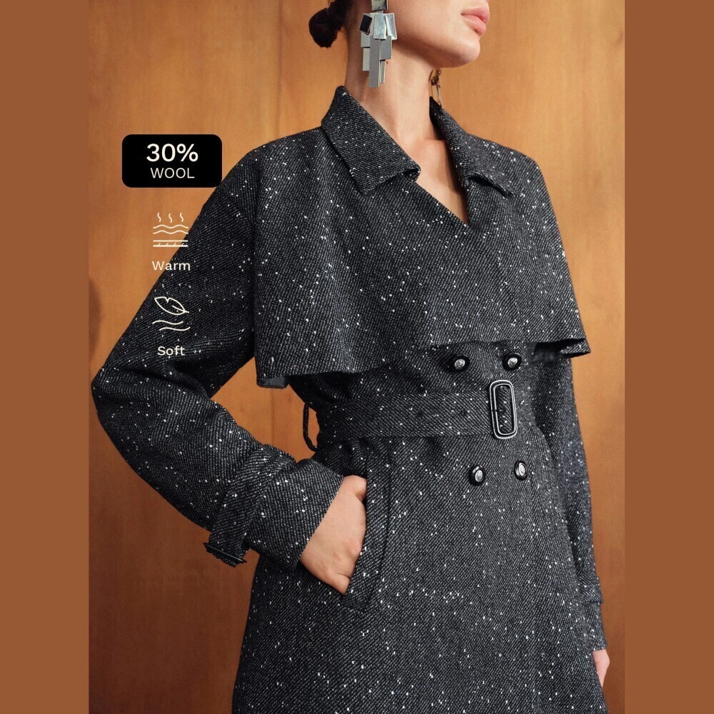 Charcoal Gray Speckled Tweed Belted Cape Collar Midi Trench Coat